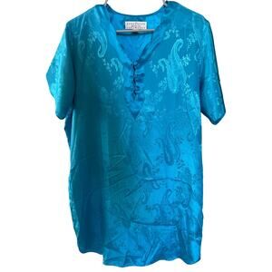 Vintage Erika Taylor Turquoise Floral Silky Nightgown Sleep Shirt Size Large EUC